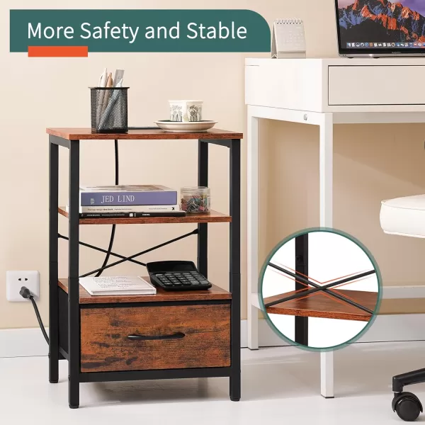 Yoobure Side Table with Storage LED Night Stand with Charging Station End Tables Living Room Nightstand for Bedroom with Adjustable Fabric Drawer 3Tier Wood Bedside Table Berry BrownBrown