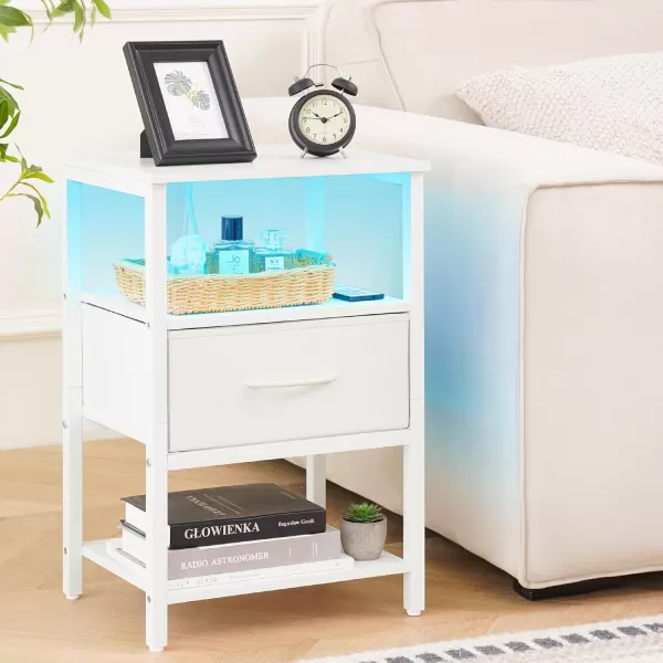 Yoobure Side Table with Storage LED Night Stand with Charging Station End Tables Living Room Nightstand for Bedroom with Adjustable Fabric Drawer 3Tier Wood Bedside Table Berry BrownWhite