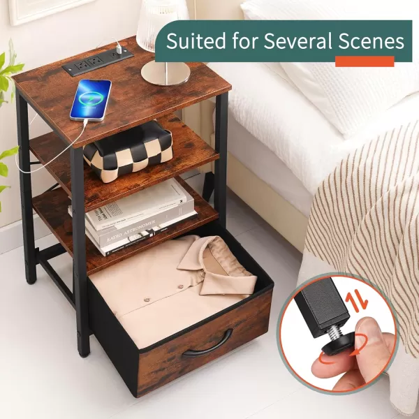 Yoobure Side Table with Storage LED Night Stand with Charging Station End Tables Living Room Nightstand for Bedroom with Adjustable Fabric Drawer 3Tier Wood Bedside Table Berry BrownBrown
