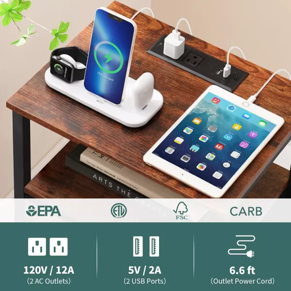 Yoobure Side Table with Storage LED Night Stand with Charging Station End Tables Living Room Nightstand for Bedroom with Adjustable Fabric Drawer 3Tier Wood Bedside Table Berry BrownBrown