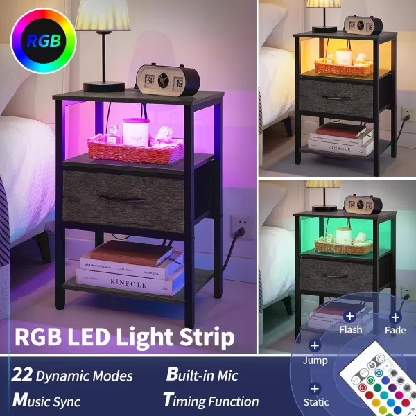 Yoobure Side Table with Storage LED Night Stand with Charging Station End Tables Living Room Nightstand for Bedroom with Adjustable Fabric Drawer 3Tier Wood Bedside Table Berry BrownGrey