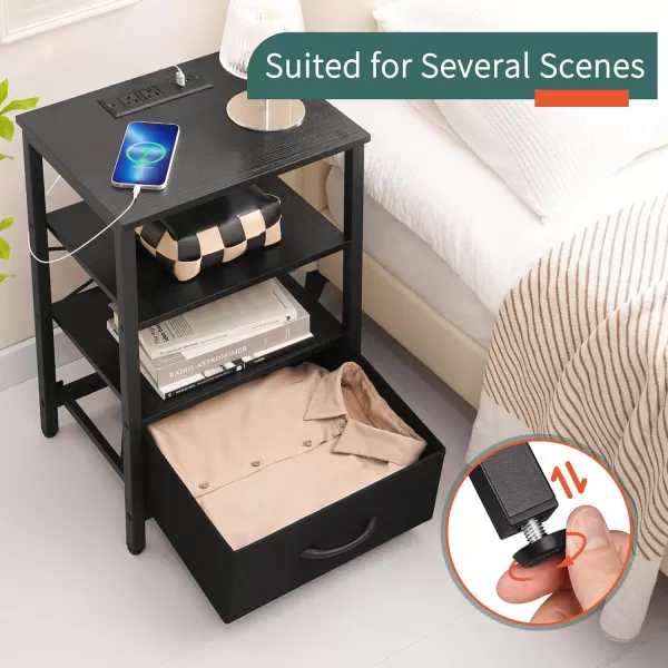 Yoobure Side Table with Storage LED Night Stand with Charging Station End Tables Living Room Nightstand for Bedroom with Adjustable Fabric Drawer 3Tier Wood Bedside Table Berry BrownBlack