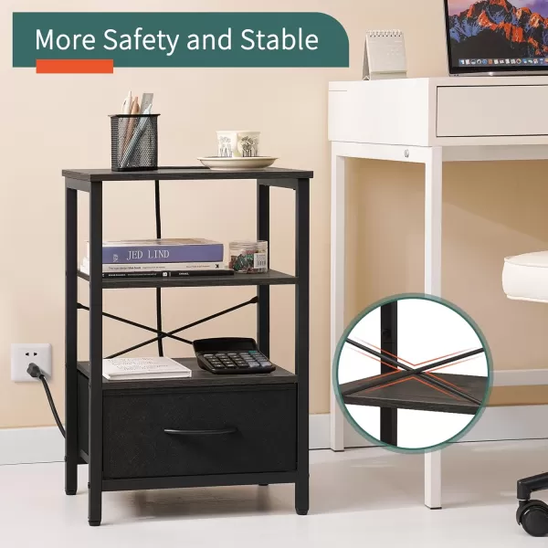 Yoobure Side Table with Storage LED Night Stand with Charging Station End Tables Living Room Nightstand for Bedroom with Adjustable Fabric Drawer 3Tier Wood Bedside Table Berry BrownGreyblack