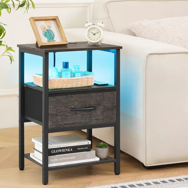 Yoobure Side Table with Storage LED Night Stand with Charging Station End Tables Living Room Nightstand for Bedroom with Adjustable Fabric Drawer 3Tier Wood Bedside Table Berry BrownGrey