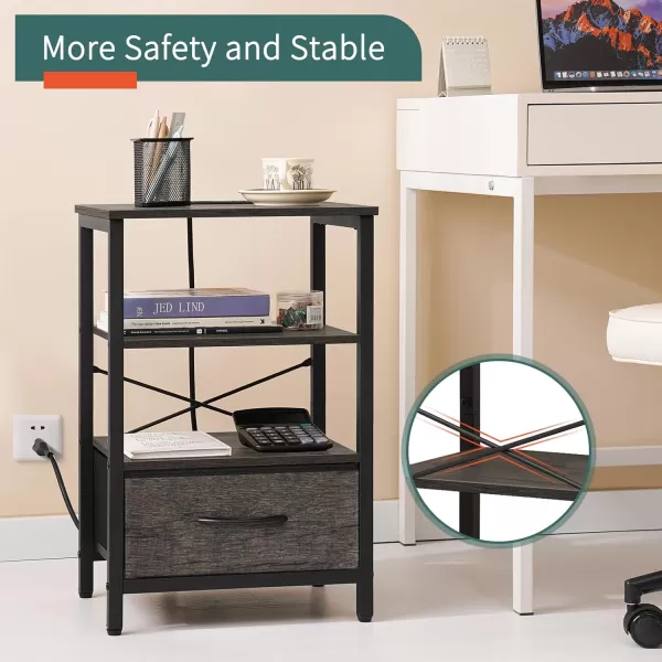 Yoobure Side Table with Storage LED Night Stand with Charging Station End Tables Living Room Nightstand for Bedroom with Adjustable Fabric Drawer 3Tier Wood Bedside Table Berry BrownGrey