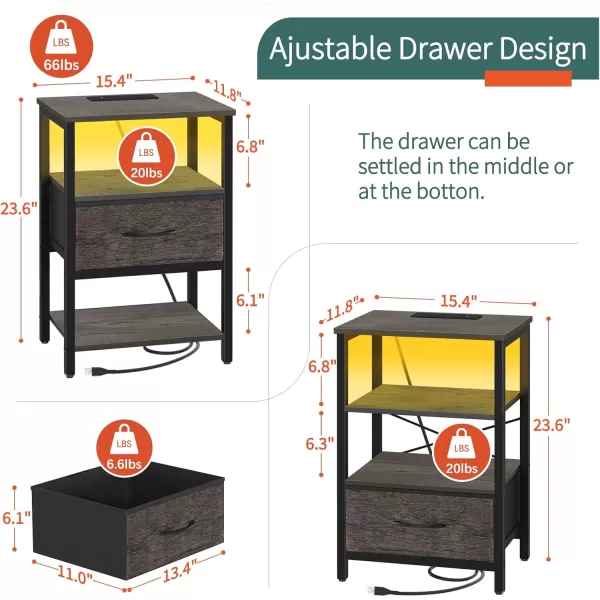 Yoobure Side Table with Storage LED Night Stand with Charging Station End Tables Living Room Nightstand for Bedroom with Adjustable Fabric Drawer 3Tier Wood Bedside Table Berry BrownGrey