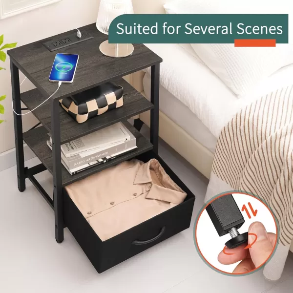 Yoobure Side Table with Storage LED Night Stand with Charging Station End Tables Living Room Nightstand for Bedroom with Adjustable Fabric Drawer 3Tier Wood Bedside Table Berry BrownGreyblack