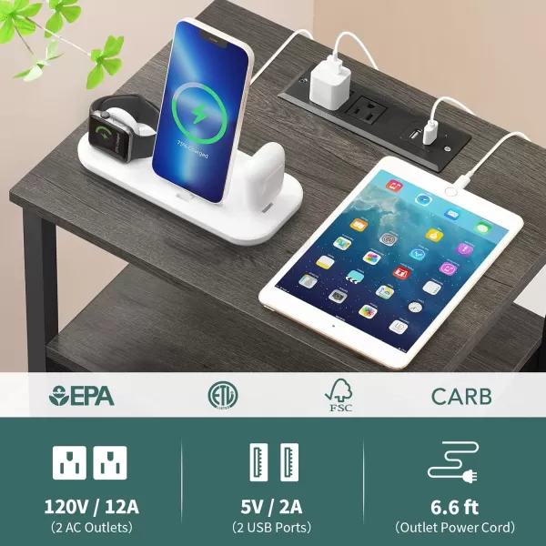 Yoobure Side Table with Storage LED Night Stand with Charging Station End Tables Living Room Nightstand for Bedroom with Adjustable Fabric Drawer 3Tier Wood Bedside Table Berry BrownGreyblack
