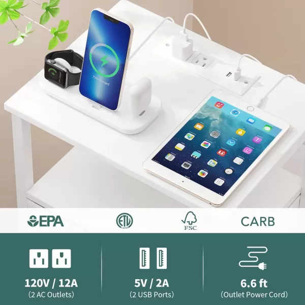 Yoobure Side Table with Storage LED Night Stand with Charging Station End Tables Living Room Nightstand for Bedroom with Adjustable Fabric Drawer 3Tier Wood Bedside Table Berry BrownWhite