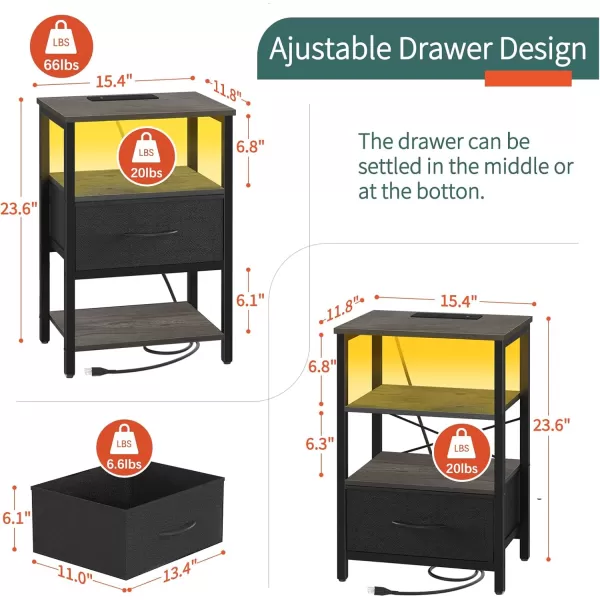 Yoobure Side Table with Storage LED Night Stand with Charging Station End Tables Living Room Nightstand for Bedroom with Adjustable Fabric Drawer 3Tier Wood Bedside Table Berry BrownGreyblack