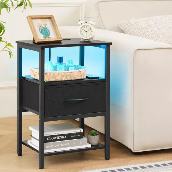 Yoobure Side Table with Storage LED Night Stand with Charging Station End Tables Living Room Nightstand for Bedroom with Adjustable Fabric Drawer 3Tier Wood Bedside Table Berry BrownBlack