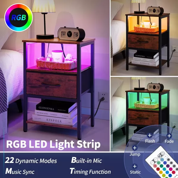 Yoobure Side Table with Storage LED Night Stand with Charging Station End Tables Living Room Nightstand for Bedroom with Adjustable Fabric Drawer 3Tier Wood Bedside Table Berry BrownBrown
