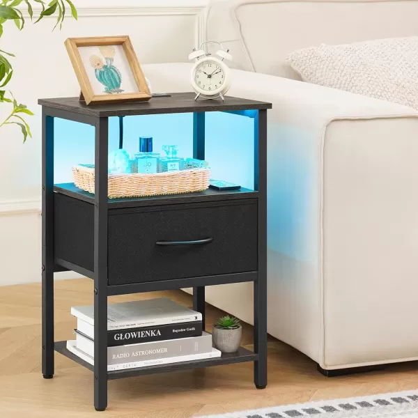 Yoobure Side Table with Storage LED Night Stand with Charging Station End Tables Living Room Nightstand for Bedroom with Adjustable Fabric Drawer 3Tier Wood Bedside Table Berry BrownGreyblack