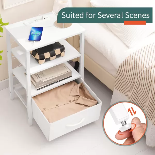 Yoobure Side Table with Storage LED Night Stand with Charging Station End Tables Living Room Nightstand for Bedroom with Adjustable Fabric Drawer 3Tier Wood Bedside Table Berry BrownWhite