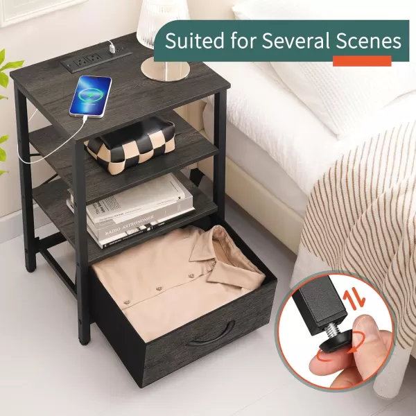 Yoobure Side Table with Storage LED Night Stand with Charging Station End Tables Living Room Nightstand for Bedroom with Adjustable Fabric Drawer 3Tier Wood Bedside Table Berry BrownGrey