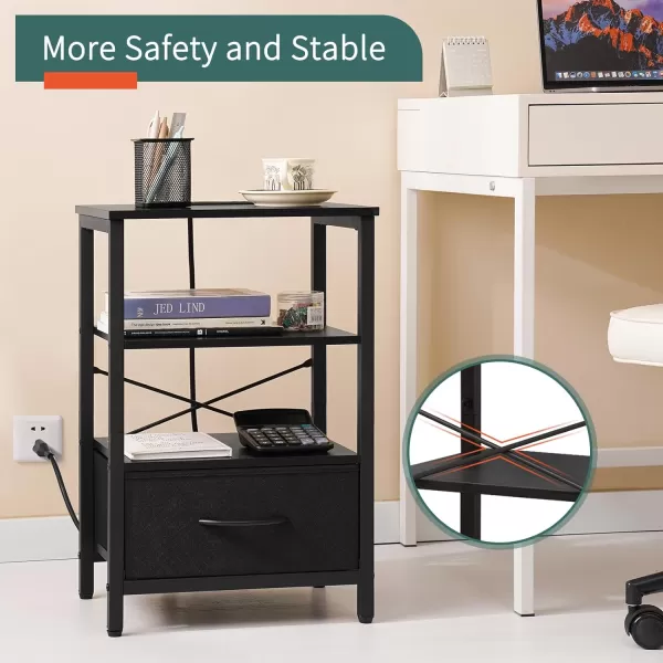Yoobure Side Table with Storage LED Night Stand with Charging Station End Tables Living Room Nightstand for Bedroom with Adjustable Fabric Drawer 3Tier Wood Bedside Table Berry BrownBlack