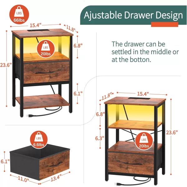 Yoobure Side Table with Storage LED Night Stand with Charging Station End Tables Living Room Nightstand for Bedroom with Adjustable Fabric Drawer 3Tier Wood Bedside Table Berry BrownBrown
