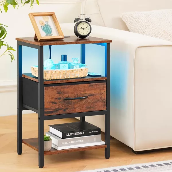 Yoobure Side Table with Storage LED Night Stand with Charging Station End Tables Living Room Nightstand for Bedroom with Adjustable Fabric Drawer 3Tier Wood Bedside Table Berry BrownBrown
