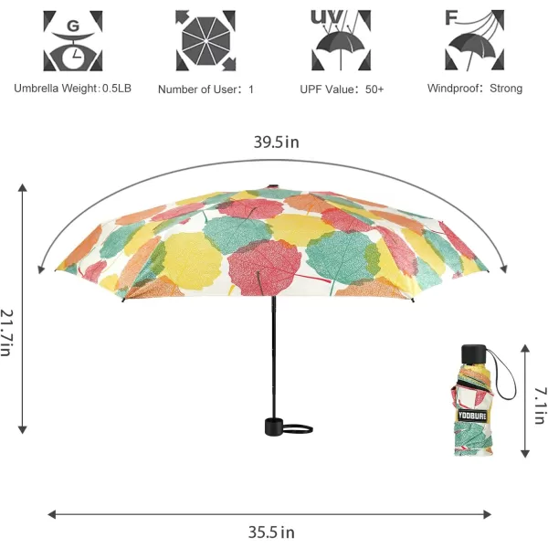 Yoobure Small Mini Umbrella with Case Light Compact Design Perfect for Travel Lightweight Portable Parasol Outdoor SunampampRain UmbrellasColorful Leaf