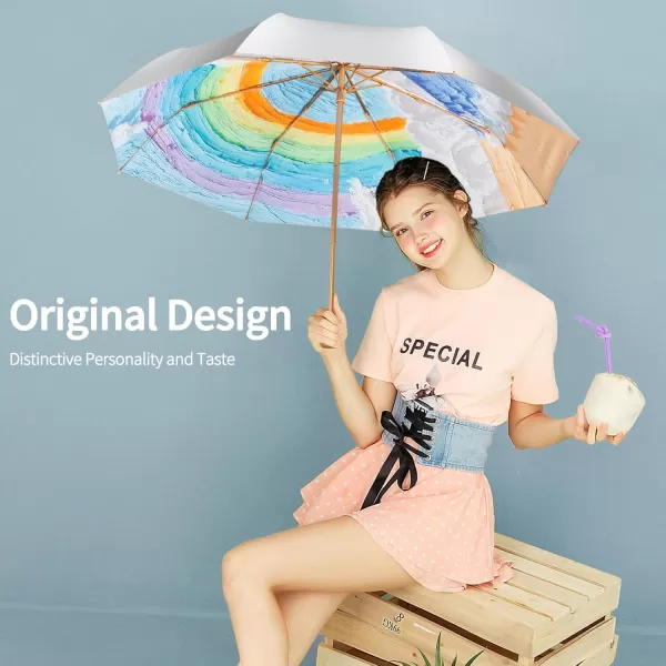 Yoobure Small Mini Umbrella with Case Light Compact Design Perfect for Travel Lightweight Portable Parasol Outdoor SunampampRain UmbrellasRainbow