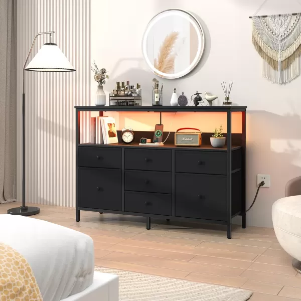 Yoobure TV Stand Dresser for Bedroom 7 Fabric Drawers Entertainment Center LED Dressers with Power Outlets TV Stands for Living Room with Storage Shelf TV Console Entertainment Stand up to 50quot TVBlack