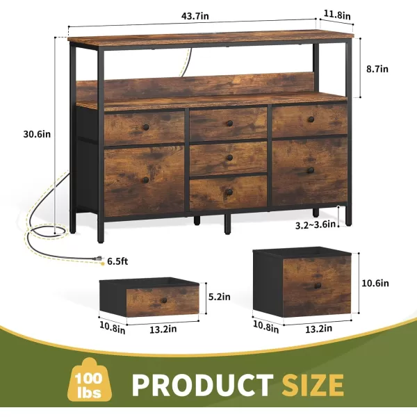 Yoobure TV Stand Dresser for Bedroom 7 Fabric Drawers Entertainment Center LED Dressers with Power Outlets TV Stands for Living Room with Storage Shelf TV Console Entertainment Stand up to 50quot TVRustic Brown