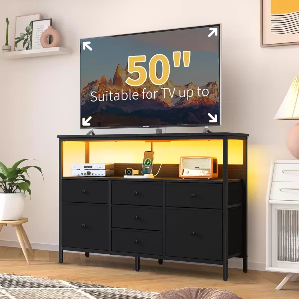 Yoobure TV Stand Dresser for Bedroom 7 Fabric Drawers Entertainment Center LED Dressers with Power Outlets TV Stands for Living Room with Storage Shelf TV Console Entertainment Stand up to 50quot TVBlack
