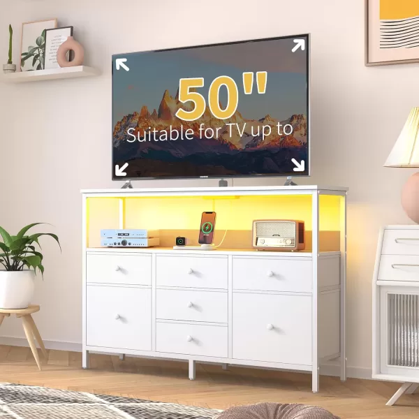 Yoobure TV Stand Dresser for Bedroom 7 Fabric Drawers Entertainment Center LED Dressers with Power Outlets TV Stands for Living Room with Storage Shelf TV Console Entertainment Stand up to 50quot TVWhite