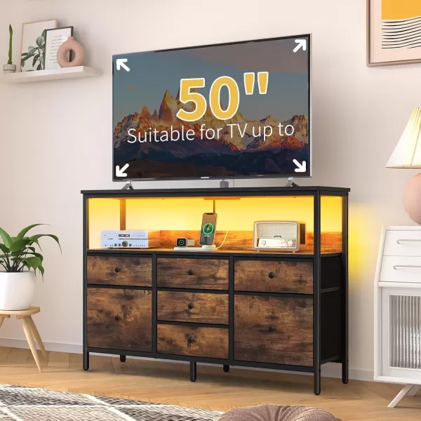 Yoobure TV Stand Dresser for Bedroom 7 Fabric Drawers Entertainment Center LED Dressers with Power Outlets TV Stands for Living Room with Storage Shelf TV Console Entertainment Stand up to 50quot TVRustic Brown
