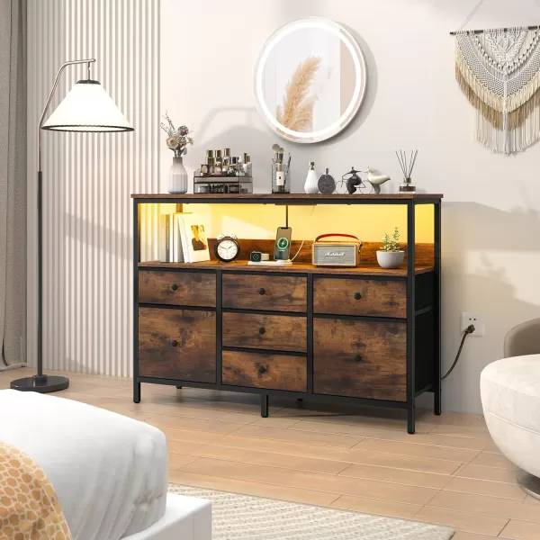 Yoobure TV Stand Dresser for Bedroom 7 Fabric Drawers Entertainment Center LED Dressers with Power Outlets TV Stands for Living Room with Storage Shelf TV Console Entertainment Stand up to 50quot TVRustic Brown