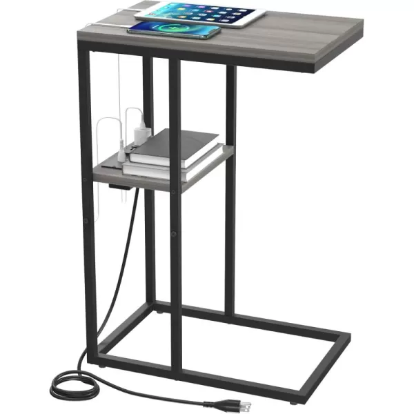 Yoobure C Shaped End Table with Charging Station Small Side Tables for Living Room Bedroom Sofa Table with USB Ports and Outlets for Small Spaces C Couch Table Rustic Snack Table Bed Side TableGreige