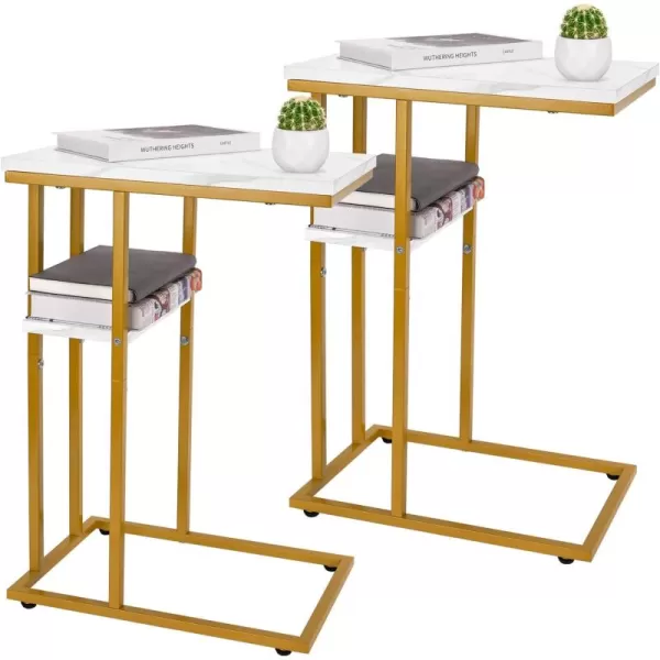 Yoobure C Table End Table Set of 2 Side Tables Living Room C Shaped Side Table Couch Tables That Slide Under Couch Table with Metal Frame Rustic Snack Table for BedroomSmall Spaces Large DesktopMarble White