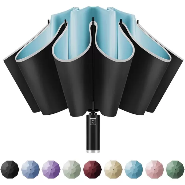 Yoobure Inverted Travel Umbrella Automatic Umbrellas for Rain Windproof Compact Umbrella with Reflective Stripe Folding Sun Umbrella UV Umbrella Portable Large Umbrella for Backpack LightweightSky Blue