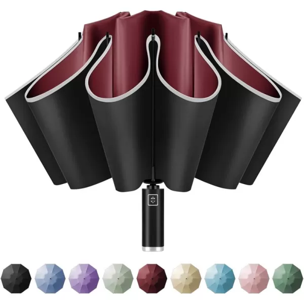 Yoobure Inverted Travel Umbrella Automatic Umbrellas for Rain Windproof Compact Umbrella with Reflective Stripe Folding Sun Umbrella UV Umbrella Portable Large Umbrella for Backpack LightweightBurgundy Red