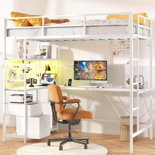 Yoobure Loft Bed Twin Size with Desk Metal Twin Loft Bed Frame with Charging Station ampamp Safety Guard LED Loft Beds with 2 Storage Drawers for Kid Junior Adult Heavy Duty SpaceSaving WhiteWhite