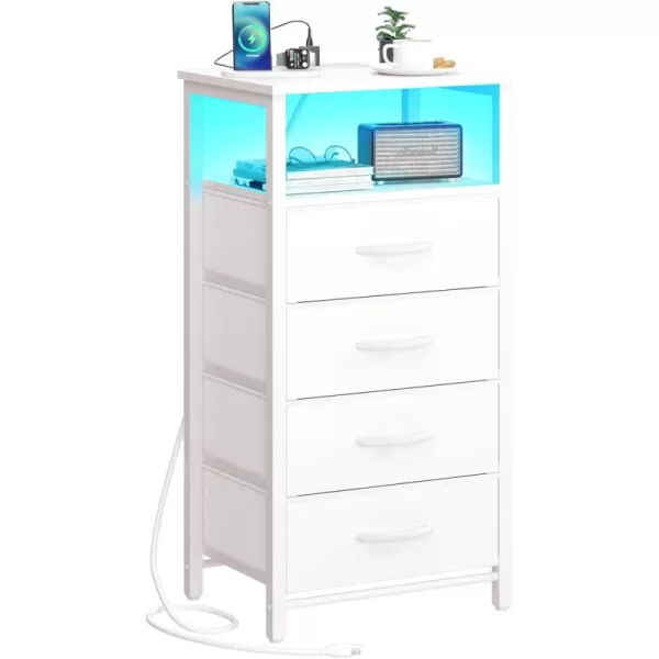 Yoobure Night Stand  LED Nightstand with Charging Station Bedside Table with 4 Fabric Storage Drawers and Storage Shelf End Table with USB Ports and Outlets Tall Dresser for BedroomWhite