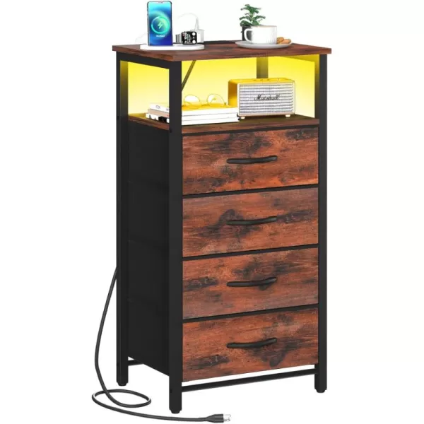 Yoobure Night Stand  LED Nightstand with Charging Station Bedside Table with 4 Fabric Storage Drawers and Storage Shelf End Table with USB Ports and Outlets Tall Dresser for BedroomRustic Brown
