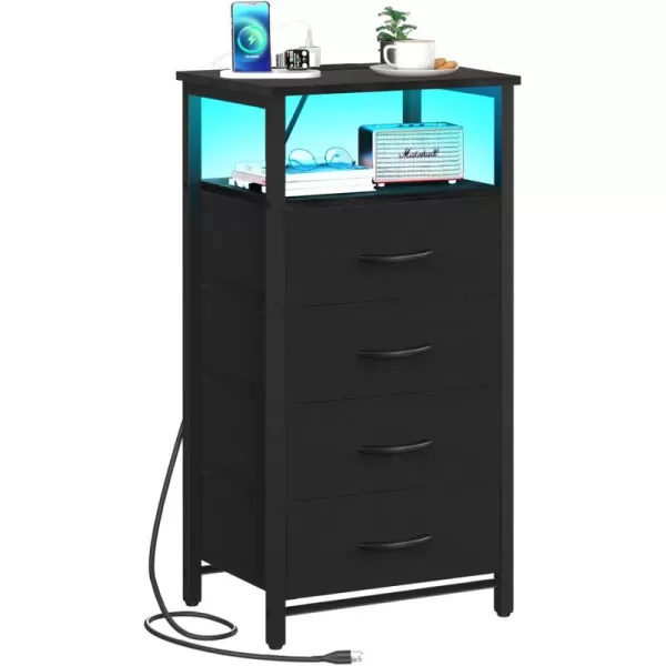 Yoobure Night Stand  LED Nightstand with Charging Station Bedside Table with 4 Fabric Storage Drawers and Storage Shelf End Table with USB Ports and Outlets Tall Dresser for BedroomBlack