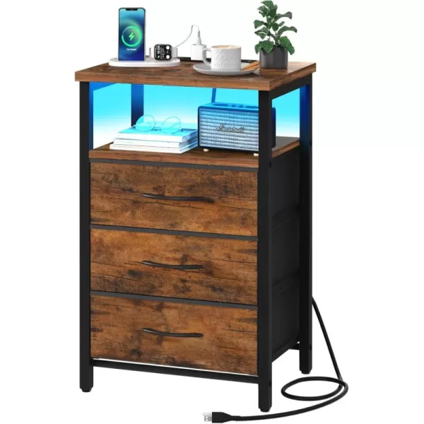 Yoobure Night Stand with Charging Station 16 Colors LED Nightstand with USB Ports and Outlets End Table with 3 Fabric Drawers and Storage Shelf Bedside Tables Small Dresser for Small Space BrownBerry Brown