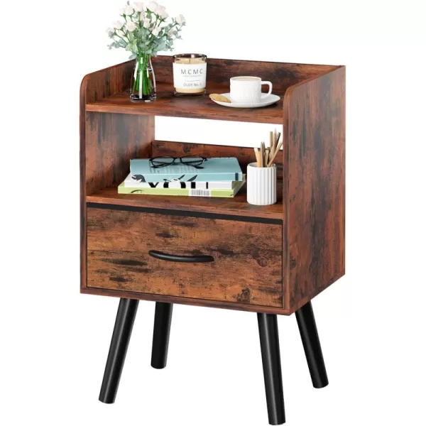 Yoobure Night Stand with Drawer Modern Nightstand Bedside Tables Mid Century Nightstands with Open Storage Shelf Wood Bedside Table Small Night Stands for Bedrooms 2Tier Night TableBerry Brown