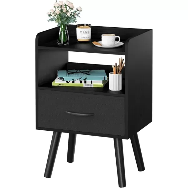 Yoobure Night Stand with Drawer Modern Nightstand Bedside Tables Mid Century Nightstands with Open Storage Shelf Wood Bedside Table Small Night Stands for Bedrooms 2Tier Night TableBlack