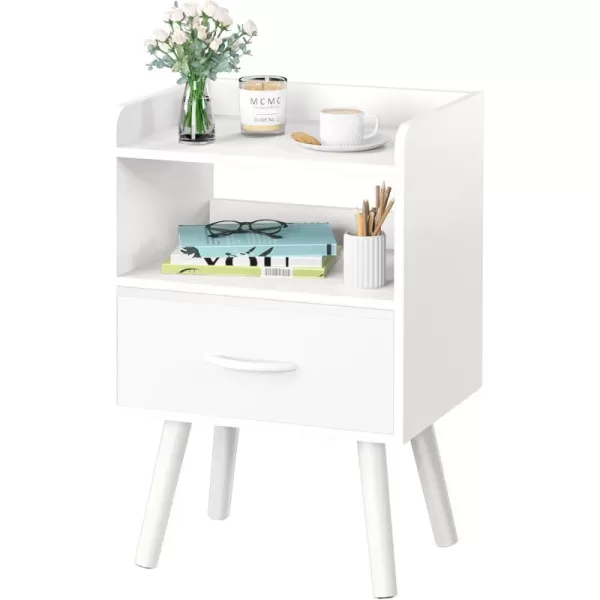 Yoobure Night Stand with Drawer Modern Nightstand Bedside Tables Mid Century Nightstands with Open Storage Shelf Wood Bedside Table Small Night Stands for Bedrooms 2Tier Night TableWhite