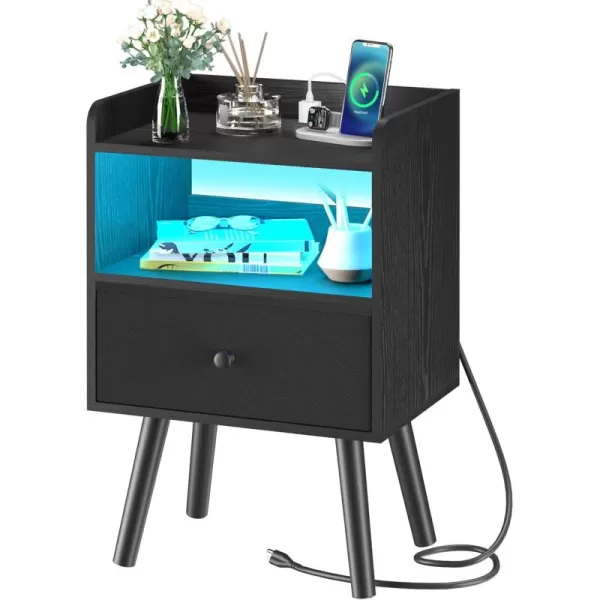 Yoobure Nightstand with Charging Station Modern Night Stand with LED Lights Wood Nightstands with Fabric Drawer ampamp Storage Shelf Night Stands Bedside Table with USB Ports for Bedroom Office HomeBlack