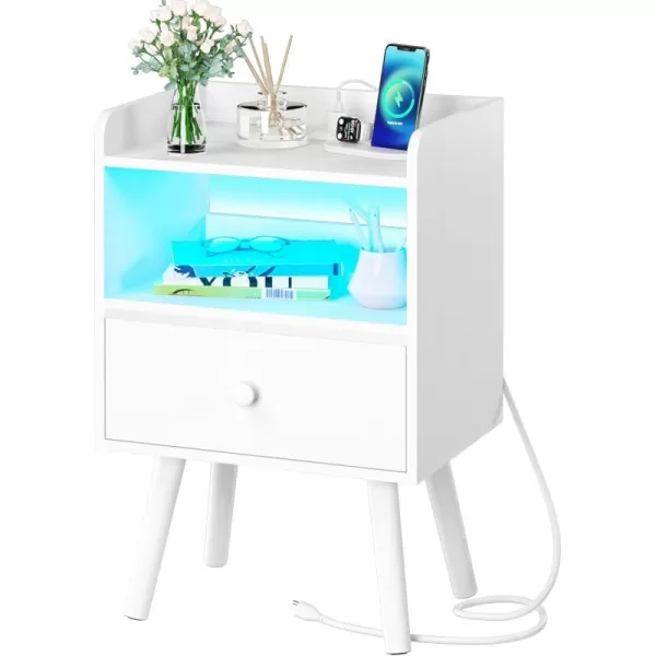 Yoobure Nightstand with Charging Station Modern Night Stand with LED Lights Wood Nightstands with Fabric Drawer ampamp Storage Shelf Night Stands Bedside Table with USB Ports for Bedroom Office HomeWhite