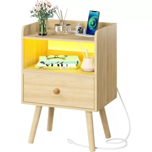Yoobure Nightstand with Charging Station Modern Night Stand with LED Lights Wood Nightstands with Fabric Drawer ampamp Storage Shelf Night Stands Bedside Table with USB Ports for Bedroom Office HomeNatural
