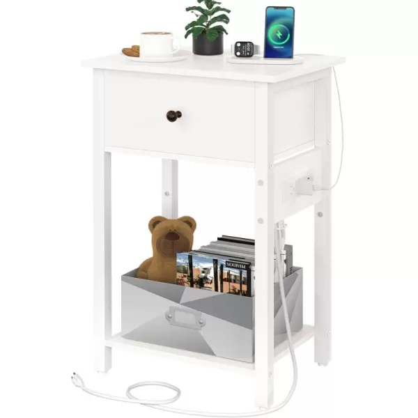 Yoobure Nightstand with Charging Station Side Table End Table with Large Drawer and Storage Shelf Bed Side TableNight Stand with USB Ports ampamp Outlets Rustic Bedside Tables for Bedroom Living RoomWhite