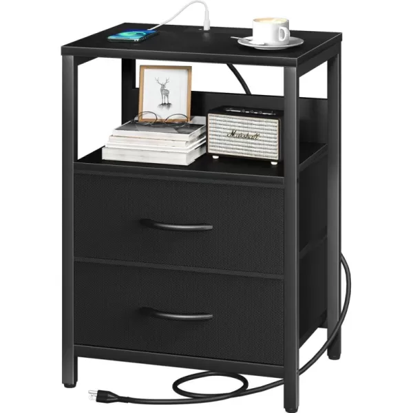 Yoobure Nightstand with Charging Station Small Night Stand with Fabric Drawers and Storage Shelf for Bedrooms Nightstands for Small Spaces Bedside Table with USB Ports ampamp Outlets Bed Side TableBlack