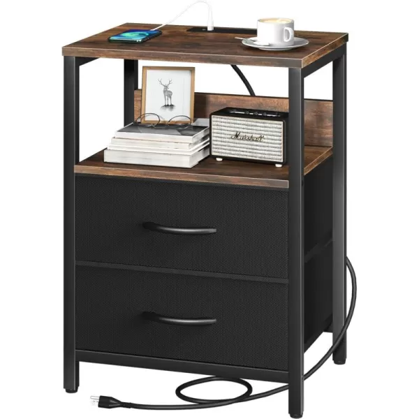 Yoobure Nightstand with Charging Station Small Night Stand with Fabric Drawers and Storage Shelf for Bedrooms Nightstands for Small Spaces Bedside Table with USB Ports ampamp Outlets Bed Side TableVintage BrownBlack