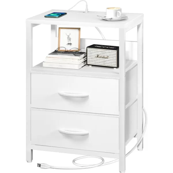 Yoobure Nightstand with Charging Station Small Night Stand with Fabric Drawers and Storage Shelf for Bedrooms Nightstands for Small Spaces Bedside Table with USB Ports ampamp Outlets Bed Side TableWhite