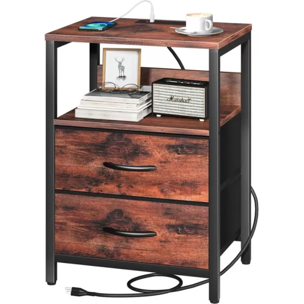 Yoobure Nightstand with Charging Station Small Night Stand with Fabric Drawers and Storage Shelf for Bedrooms Nightstands for Small Spaces Bedside Table with USB Ports ampamp Outlets Bed Side TableBerry Brown